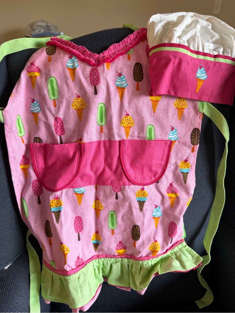 Pink Ice Cream Print Apron with Green Trim kids cooking set